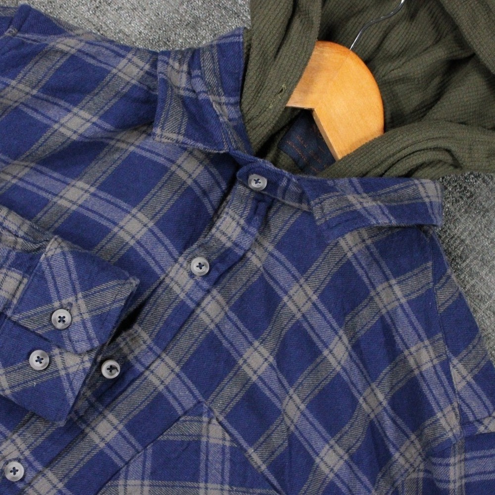 Nomad Mens Plaid Flannel Shirt Blue Gray Long Sleeve Hooded Cotton Size Medium